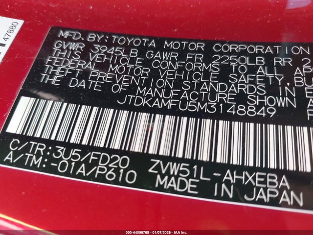 JTDKAMFU5M3148849 Toyota Prius Le