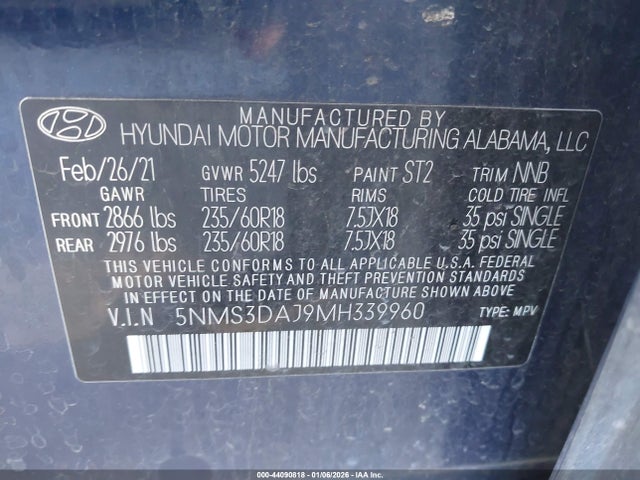 5NMS3DAJ9MH339960 Hyundai Santa Fe Sel