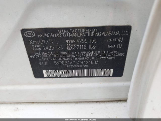 44090897 :رقم المزاد ، 5NPEB4AC3CH424683 vin ، 2012 Hyundai Sonata Gls مزاد بيع