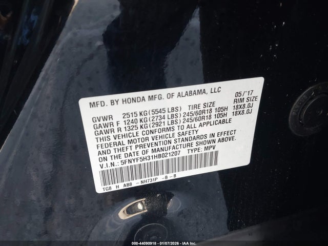 5FNYF5H31HB021207 Honda Pilot Ex