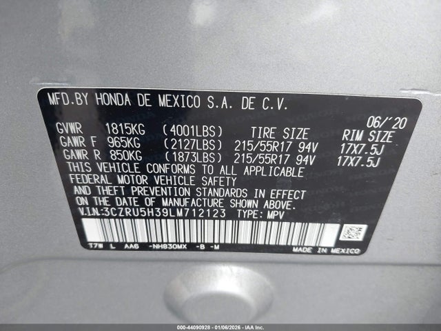 3CZRU5H39LM712123 Honda Hr-v 2wd Lx