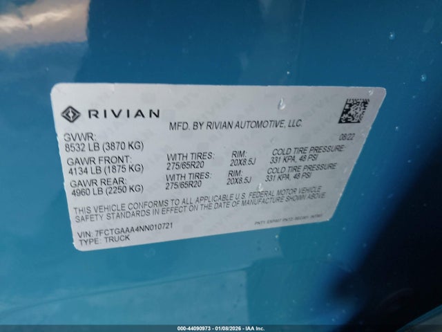 Продажа на аукционе авто 2022 Rivian R1t Adventure, vin: 7FCTGAAA4NN010721, номер лота: 44090973