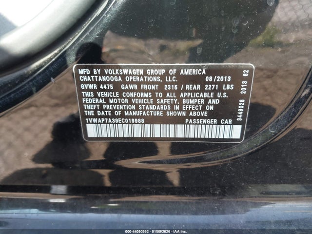 44090992 :رقم المزاد ، 1VWAP7A39EC019988 vin ، 2014 Volkswagen Passat 2.5l S/2.5l Wolfsburg Edition مزاد بيع