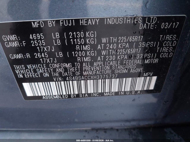 Subaru Outback 2.5i Premium 2017 4S4BSACCXH3375737 Image 9