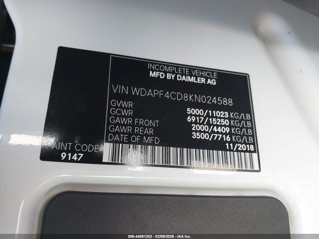 Aukcja sprzedaży 2019 Mercedes-benz Sprinter 4500 Standard Roof V6, vin: WDAPF4CD8KN024588, numer aukcji: 44091253