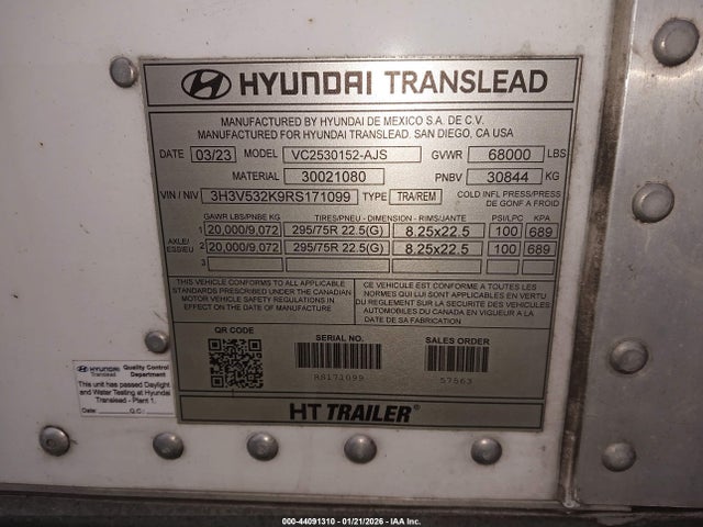 2024 Hyundai Translead Inc 53' Semi Trailer მანქანა იყიდება აუქციონზე, vin: 3H3V532K9RS171099, აუქციონის ნომერი: 44091310