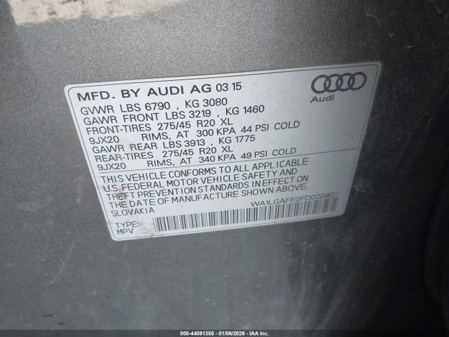 Aukcja sprzedaży 2015 Audi Q7 3.0t Premium, vin: WA1LGAFE0FD020407, numer aukcji: 44091350
