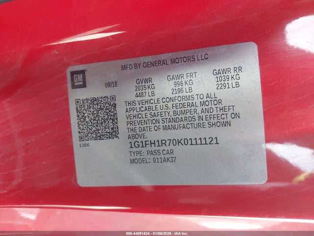 Aukcja sprzedaży 2019 Chevrolet Camaro 2ss, vin: 1G1FH1R70K0111121, numer aukcji: 44091424