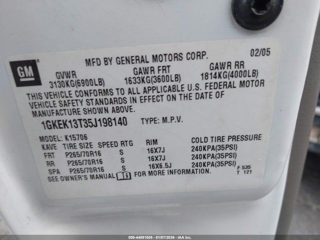 44091508 :رقم المزاد ، 1GKEK13T35J198140 vin ، 2005 Gmc Yukon Sle مزاد بيع