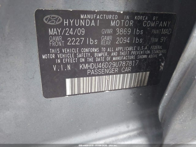 Продажа на аукционе авто 2009 Hyundai Elantra Gls, vin: KMHDU46D29U787817, номер лота: 44091515