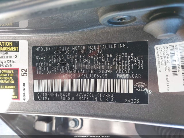 2020 Toyota Camry Se მანქანა იყიდება აუქციონზე, vin: 4T1G11AK6LU305299, აუქციონის ნომერი: 44091569