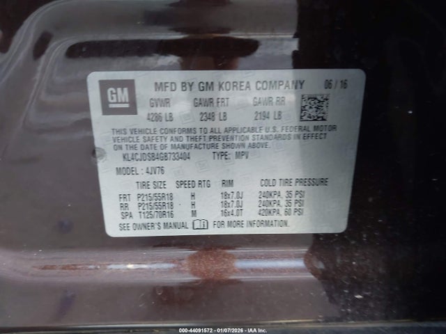 44091572 :رقم المزاد ، KL4CJDSB4GB733404 vin ، 2016 Buick Encore Premium مزاد بيع