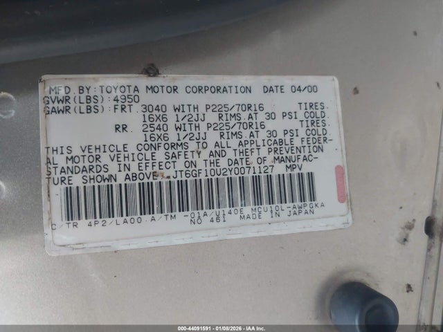 44091591 :رقم المزاد ، JT6GF10U2Y0071127 vin ، 2000 Lexus Rx 300 مزاد بيع