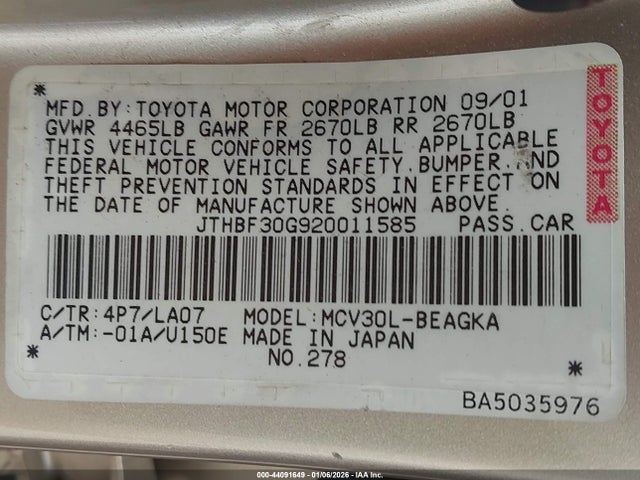44091649 :رقم المزاد ، JTHBF30G920011585 vin ، 2002 Lexus Es 300 مزاد بيع