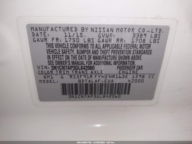 Nissan Versa 1.6 S 2016 3N1CN7AP3GL842060 Image 9