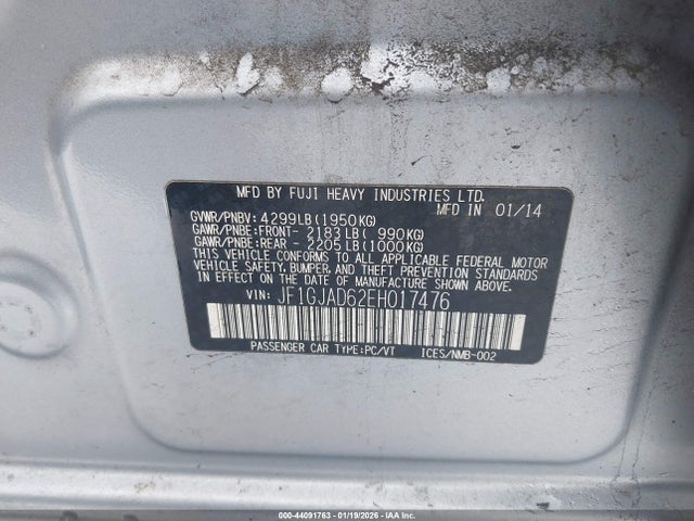 44091763 :رقم المزاد ، JF1GJAD62EH017476 vin ، 2014 Subaru Impreza 2.0i Premium مزاد بيع