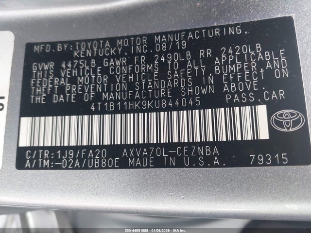 4T1B11HK9KU844045 Toyota CAMRY LE
