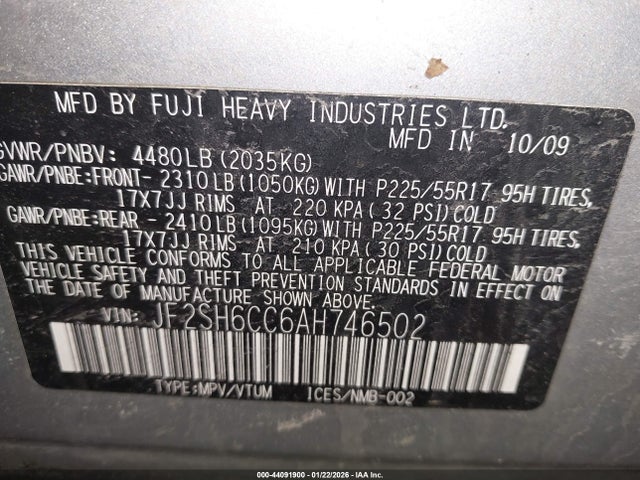 44091900 :رقم المزاد ، JF2SH6CC6AH746502 vin ، 2010 Subaru Forester 2.5x Premium مزاد بيع
