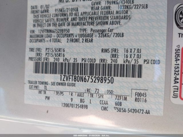 2007 FORD MUSTANG 1ZVFT80N675298950 Photo 8