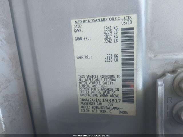 44092067 :رقم المزاد ، 1N4AL2AP1AC193817 vin ، 2010 Nissan Altima 2.5 S مزاد بيع