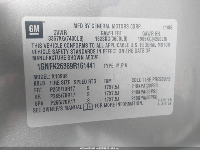 2009 CHEVROLET SUBURBAN 1500 1GNFK26389R161441 Photo 8