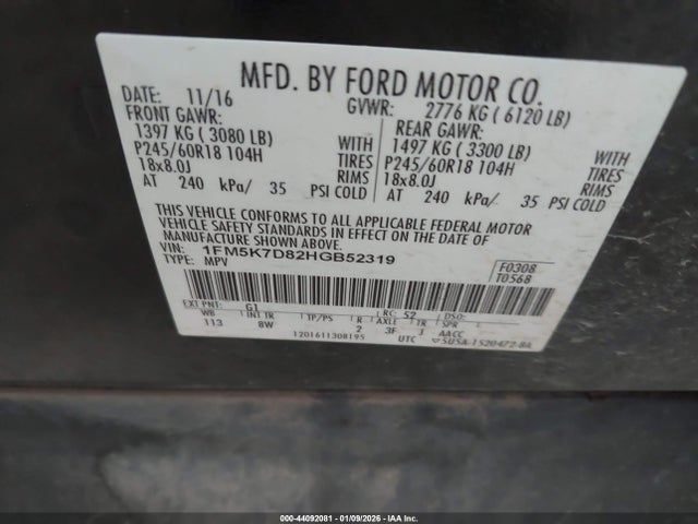 1FM5K7D82HGB52319 Ford EXPLORER XLT