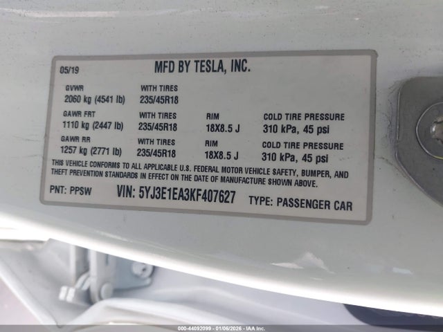 Продаж на аукціоні авто 2019 Tesla Model 3, vin: 5YJ3E1EA3KF407627, номер лоту: 44092099