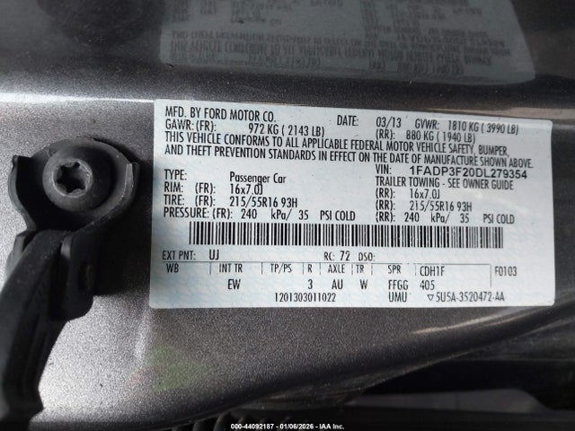2013 Ford Focus Se მანქანა იყიდება აუქციონზე, vin: 1FADP3F20DL279354, აუქციონის ნომერი: 44092187