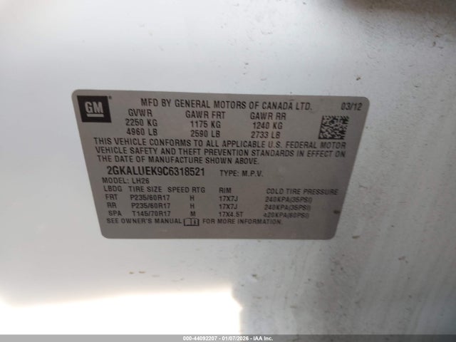 Aukcja sprzedaży 2012 Gmc Terrain Slt-1, vin: 2GKALUEK9C6318521, numer aukcji: 44092207