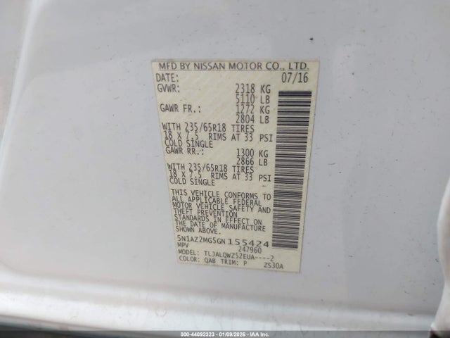 Nissan MURANO SV 2016 5N1AZ2MG5GN155424 Image 9