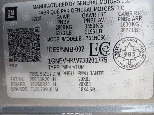 1GNEVHKW7JJ201775 Chevrolet Traverse 3lt