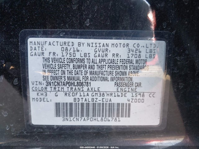 3N1CN7AP0HL806781 Nissan Versa 1.6 Sv