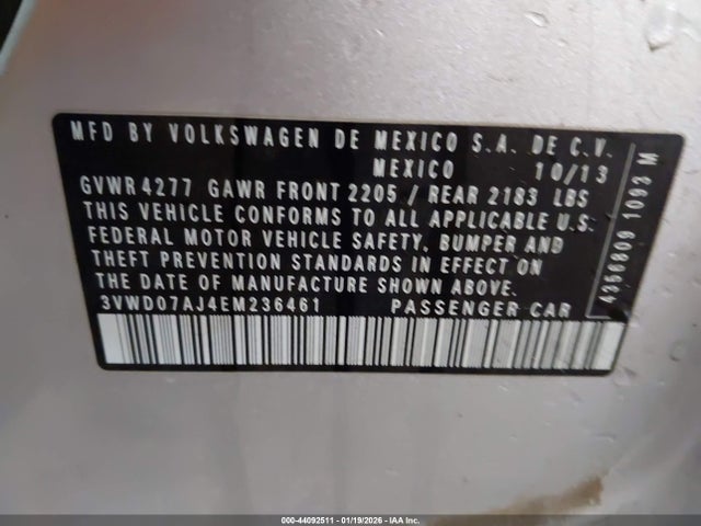 44092511 :رقم المزاد ، 3VWD07AJ4EM236461 vin ، 2014 Volkswagen Jetta 1.8t Se مزاد بيع