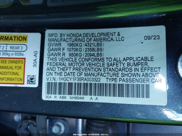 1HGCY1F35RA003322 Honda ACCORD EX