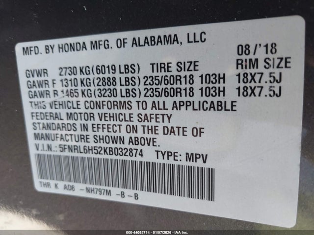 Honda ODYSSEY EX 2019 5FNRL6H52KB032874 Image 9