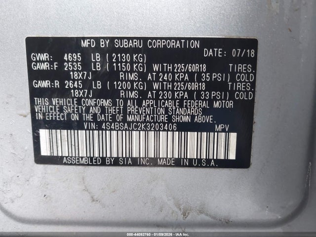 Subaru Outback 2.5i Limited 2019 4S4BSAJC2K3203406 Image 9