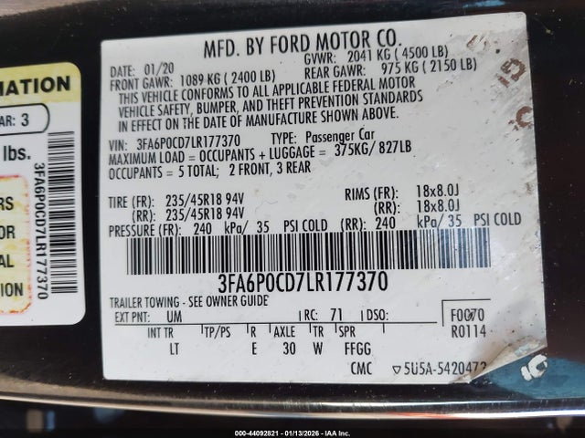 Ford FUSION SEL 2020 3FA6P0CD7LR177370 Image 9