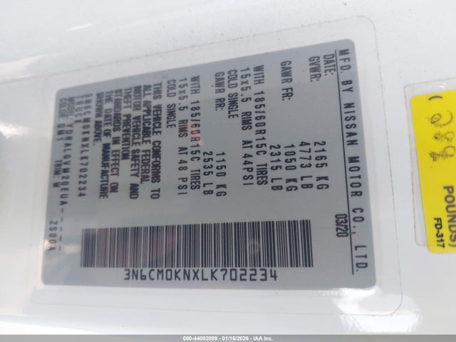 3N6CM0KNXLK702234 Nissan Nv200 Cargo Sv Xtronic Cvt