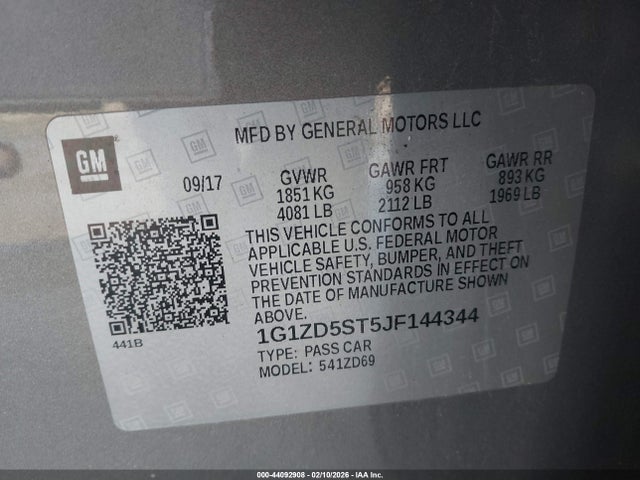 Продажа на аукционе авто 2018 Chevrolet Malibu Lt, vin: 1G1ZD5ST5JF144344, номер лота: 44092908