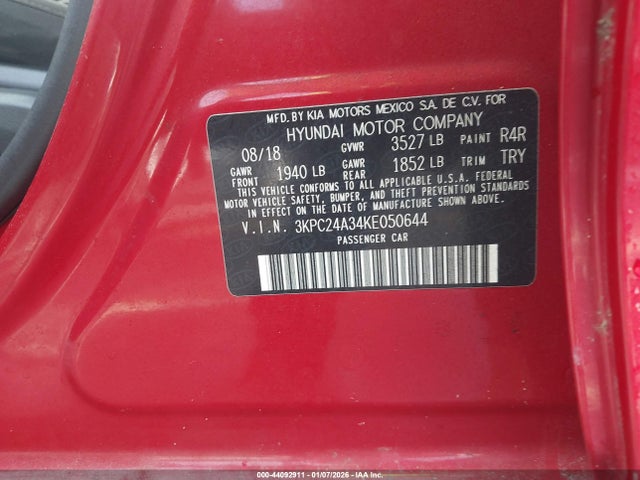 Aukcja sprzedaży 2019 Hyundai Accent Se, vin: 3KPC24A34KE050644, numer aukcji: 44092911