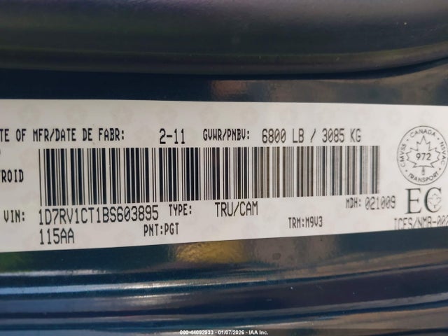Aukcja sprzedaży 2011 Ram Ram 1500 Slt, vin: 1D7RV1CT1BS603895, numer aukcji: 44092933