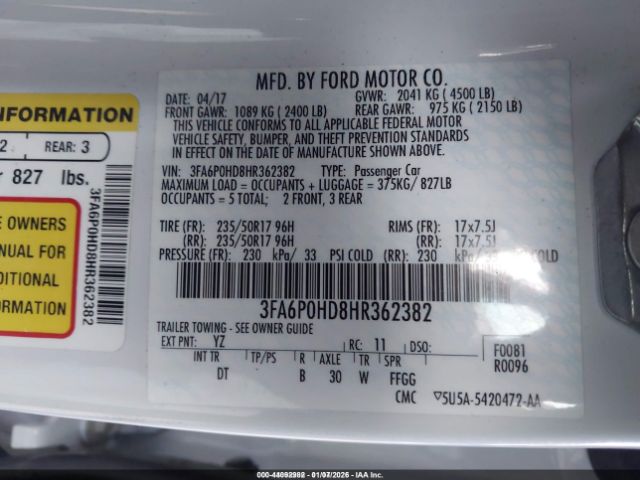 2017 FORD FUSION 3FA6P0HD8HR362382 Photo 8