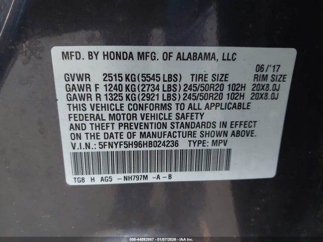 Honda Pilot Touring 2017 5FNYF5H96HB024236 Image 9