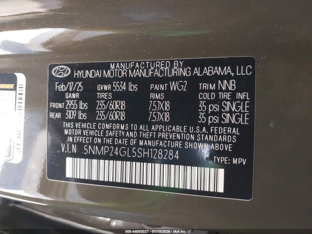 5NMP24GL5SH128284 Hyundai Santa Fe Sel