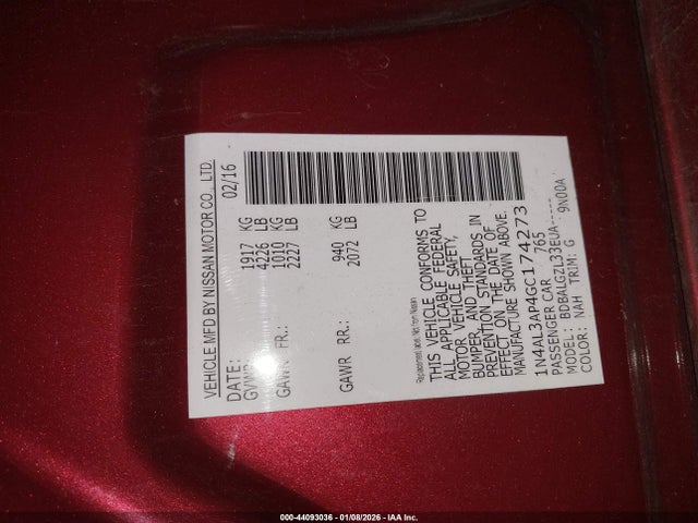 1N4AL3AP4GC174273 Nissan Altima 2.5/2.5 S/2.5 Sl/2.5 Sr/2.5 Sv