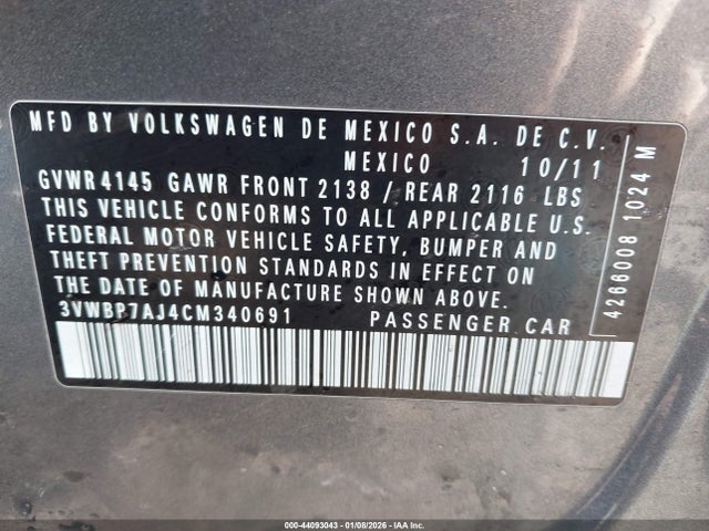 2012 Volkswagen Jetta 2.5l Se მანქანა იყიდება აუქციონზე, vin: 3VWBP7AJ4CM340691, აუქციონის ნომერი: 44093043