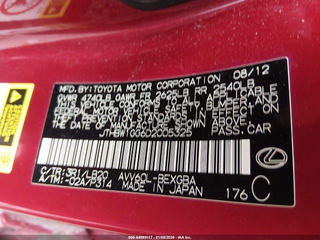 44093117 :رقم المزاد ، JTHBW1GG6D2005325 vin ، 2013 Lexus Es 300h مزاد بيع