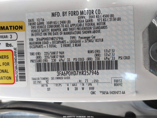 44093172 :رقم المزاد ، 3FA6P0HD7HR257946 vin ، 2017 Ford Fusion Se مزاد بيع