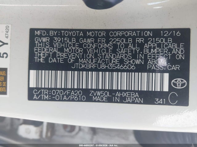 JTDKBRFU8H3546606 Toyota Prius Two