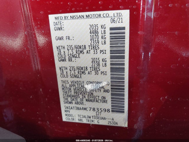 5N1AT3BA4MC783598 Nissan Rogue Sv Fwd